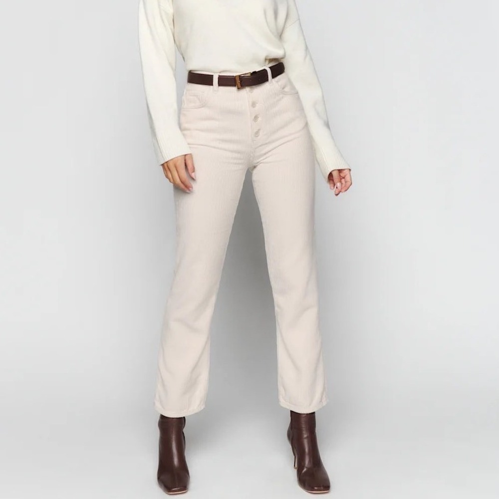 Reformation Cynthia Button Fly High Rise Straight Corduroy Pants Size 25 Cream